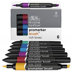 Winsor & Newton Promarker Brush Conjunto de 6 marcadores de ponta dupla, ponta de pincel, tinta base de álcool, tons intensos