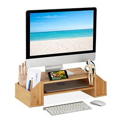 Relaxdays Supporto per Monitor, Rialzo per Schermo con Scomparti, Stand Computer Portatile 16 x 57,5 x 25 cm, Naturale, bambù