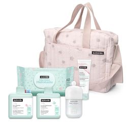 Suavinex, Torba do wózka dla niemowląt z kosmetykami: żel Syndet szampon 300 ml + balsam nawilżający 300 ml + maść na pieluchy 50 ml + Baby Cologne 100 ml + chusteczki 60 szt. Prezent dla noworodka,