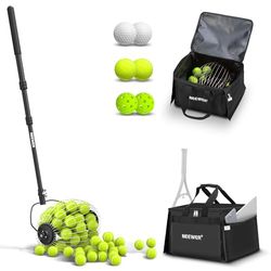 NEEWER Tennisbollsuppsamlare med korg, teleskopisk golfbollsutjämmare och Pickleball-samlare, polyestertransportväska för tennis/golf/pickleballträning, TB01S+TB01B