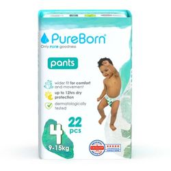 PureBorn Pieluchomajtki Baby Pants, Rozmiar 4 (9-15 kg), 22 Sztuki, Doskonała Ochrona i w Dzień i w Nocy, Wyjątkowo Miękkie, Przyjazne dla Skóry, Testowane Dermatologicznie