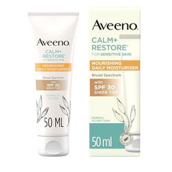 Aveeno CALM+RESTORE Nourishing Daily Moisturiser (1 x 50ml), Fragrance-Free Face Moisturiser with SPF 30, Broad Spectrum, with Soothing Oat & 100 Mineral UV Filters, for Normal to Dry Skin
