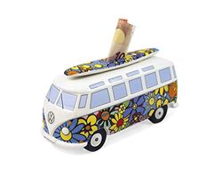 BRISA VW Collection - Volkswagen Savings Bank Piggy Bank Money Coin Box with Surfboard in T1 Bus Samba Design (Flower Power/Multicolor)