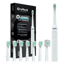 OSONIC. Brosse à dents électrique sonique. Comprend : 8 têtes. 5 façons d’utiliser le Whitening en 2 semaines. Minuterie de 2 minutes. IPX8, adapté à la famille. Batterie de chargement USB.