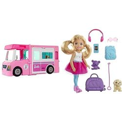 Barbie DreamCamper 3 en 1 - Autocaravana Transformable - con Piscina + Chelsea Vamos de Viaje con Perrito, muñeca con Accesorios