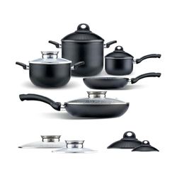 Wintem Batterie 5 casseroles et poêles en aluminium effet pierre noire - Antiadhésives et avec poignées ergonomiques - Compatible avec tous les plans de cuisson inclus induction - Résistants aux