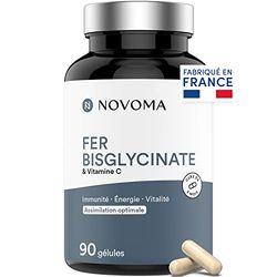 NOVOMA Fer Bisglycinate 14 mg + Vitamine C, Haute Absorption, Immunité & Anti-fatigue, Cure de 3 mois, Complément Alimentaire breveté Ferrochel®, 90 Gélules Vegan, Fabriqué en France