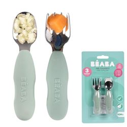 BEABA Set de 2 Cubiertos de Acero Inoxidable y Silicona, Cubiertos para Bebés, Cubiertos para Niños, A partir de 10 Meses, Forma Ergonómica, Mango Ergonómico, Cubiertos para Aprender, Verde Salvia