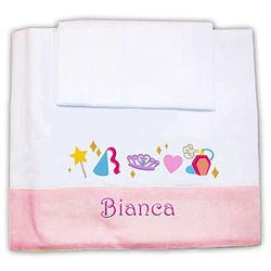 ZIGOZAGO - Set per culla o lettino"Magica Principessa" in piquet di cotone in 3 pezzi con nome personalizzato. Bordo rosa.