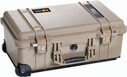 PELI 1510 stötsäker transportlåda för känslig utrustning med slitstarka hjul, IP67-vatten- och dammtät, 27 liters kapacitet, tillverkad i Tyskland, inget skum, ökenbeige
