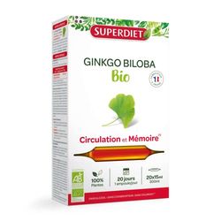SUPERDIET - GINKGO BILOBA BIO - Circulation & Mémoire - Fabrication et Origine France- 20 ampoules de 15 ml
