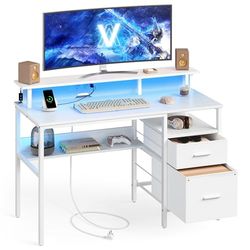 VASAGLE Escritorio con Cajones de Tela, Luces LED y Tomas Corriente Incorporadas, Estante para Monitor, 55 x 120 x 90 cm, 2 Puertos USB-A, para Oficina Casa, Blanco Arce LWD093W01
