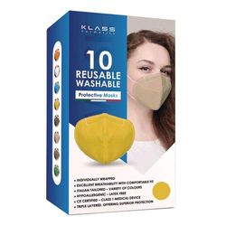 Klass Cosmatics 10 Pieces Adult Reusable Washable Comfortable Protective Cloth Face Masks Comes with Squeezable Metal Nose Strip for Breathing and Earloop for Glasses Wearer - Yellow