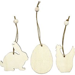 Houten Ornament, maat 6 cm, dikte 3 cm, konijn, ei, kip, 9asstd