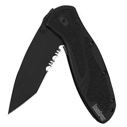 Kershaw Unisex – vuxna, fällkniv, blur taktiskt linerlås, blad: 8,9 cm, tanto, svart, fickkniv, del tandad, tumme pin, fickklämma, stonewashed, grå, normal