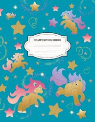 Fantasy Ponies Primary Composition Book. Cover with blue-green background.: Notebook For Kids, Handwriting Practice Paper With Dotted Midline And ... Pages with space for drawing + belongs page.