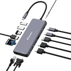 Verbatim USB C Hub 14-in-1, multipoort-adapter USB-C naar HDMI, VGA, RJ45, USBA-A en USB-C PD, met SD-kaartlezer, voor Mac, MacBook Pro/Air, iPad Pro, Thinkpad, Windows Computer, Laptop en Co
