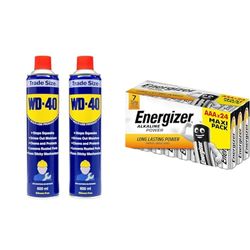 WD-40 Multi-Use Product - Twin Pack 600ml Can - The Ultimate Lubricant, Rust Protection, Penetrant & Energizer Alkaline Power AAA Batteries, 24 Pack