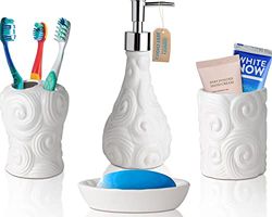 Designer - Set di accessori da bagno in ceramica con dispenser per sapone liquido o lozione, porta spazzolino, tazza e portasapone, set decorativo con dettagli in rilievo, onde del mare, bianco