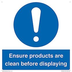 Letrero con texto en inglés "Ensure Products Are Clean Before Displaying", 200 x 200 mm, S20