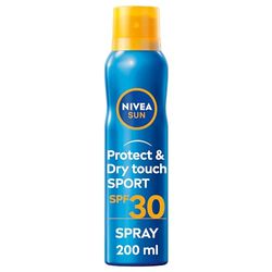 NIVEA SUN Crema Solare Spray Protect & Dry Touch Sport FP30 200 ml, Crema solare 30 in spray rinfrescante, Protezione solare 30 invisibile sulla pelle e resistente all'acqua e al sudore