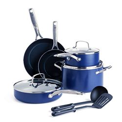 Blue Diamond Batterie de Cuisine avec Revêtement Antiadhésif en Céramique Renforcé avec des Diamants, Set de 10 Poêles et Casseroles, Sans PFAS, Va au Lave-vaisselle et au Four, Bleu