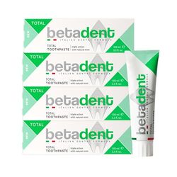 Betadent KIT 4 DENTIFRICIO TOTAL Tripla azione anti placca, tartaro, carie, gengive infiammate. Con Menta Naturale, Alito fesco. 4x100ml