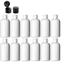 Boston runde Flaschen, PET-Kunststoff, leer, nachfüllbar, BPA-frei, mit schwarzen Klappdeckeln, 227 ml, Weiß, 12 Stück