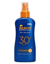 Bilboa Burrocacao Spray Solare No Gas SPF 30, Protezione Solare Alta per Pelli Sensibili, Formula con Vitamina C, Idrata, Nutre e Protegge, Senza Alcool, Dermatologicamente Testato, 200 ml