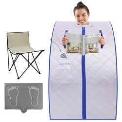 SereneLife Portable Sauna for Home, Infrared Sauna Tent with Heated Foot Pad and Folding Chair, Compact Personal Detox Sauna, Remote Control In-Home Spa, 40" x 33" - inch (Silver)
