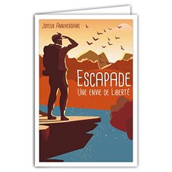 Afie 69-4361, wenskaart voor verjaardag, met envelop, mini-poster, formaat 17 x 11,5 cm, retrostijl, vintage, illustratie - motief: uitstapjes naar vrijheid, wandelaars, zonsondergang