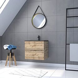 AURLANE Meuble Salle de Bain 60x54 -Finition Chene Naturel + Vasque Noire + Miroir Barber-Timber 60 - Pack30