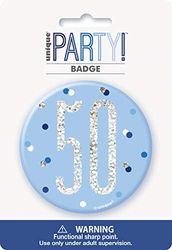 Unique Party 83522 - Badge 50e Anniversaire - 7,5 cm - Fête d'Anniversaire à thème Bleu et Argent Glitz