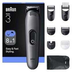 Braun Kit De Rasage Tout-En-Un Series 3, 8-En-1, Lame Ultra-Affûtée, 14 Longueurs, Coupe Précise Pour Visage Et Cheveux, Autonomie De 50 Min, Style Facile Et Rapide, AIO3540, Gris