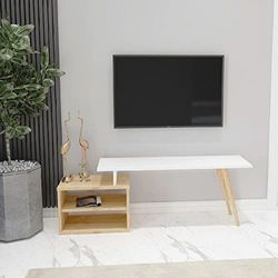 Homemania Gouden tv-meubel – modern – met planken – voor woonkamer – wit, eiken van hout, 125,2 x 29,5 x 42,8 cm