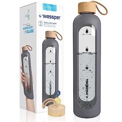 Wessper Glazen drinkfles, 1 liter, met tijdmarkeringen, BPA-vrij, drinkmotivatie, borosilicaatwaterfles, luchtdichte glazen fles met bamboedeksel, herbruikbaar, met siliconen hoes, grijs
