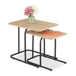Relaxdays Nesting Tables, 2-Piece Set, 2 Sizes, Wood Effect, Metal, Rectangular, Lounge, for Sofa, Light Brown/Black, Iron, Plastic, Fibreboard