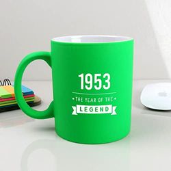 eBuyGB Engraved Neon Green Coffee Mug -1953 Year of The Legend Design - 70th Birthday Gifts for Him, Men - 310ml Tea Cup, Gift for Dad, Grandad, Friend
