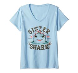 Donna Divertente squalo tee Sister Shark Family squalo corrispondenza Maglietta con Collo a V