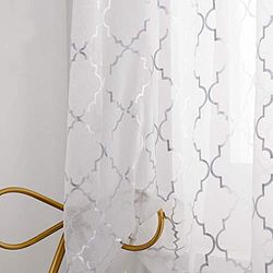 YJ YANJUN Witzilveren Keukengordijnen 114 cm Lengte Metallic Print Korte Gordijnen Voor Klein Raam Pure Gordijnen Set Van 2 Panelen 132 B x 114 cm (L x B), Wit/Zilver