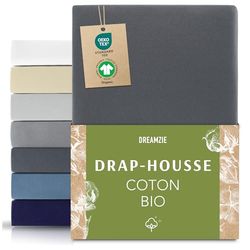 Dreamzie Drap Housse 80x200 cm, Jersey 100% Coton Bio, Hauteur De Matelas Jusqu'à 22 cm, Hypoallergénique, Oeko-Tex, Gris foncé