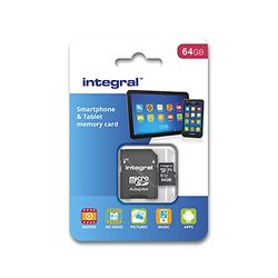 Integral - Micro SD XC 64Go, Carte Mémoire Haute Vitesse jusqu'à 90MB/s, Pour Smartphones & Tablettes compatibles, Classe 10, UHS-I, U1 + Adaptateur SD