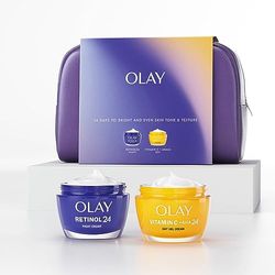 Olay Skincare Gift Set: Vitamin C Face Moisturiser + Retinol 24 Night Cream, Skin Care Make Up Bag For Women With Niacinamide, Christmas Giftset For Bright & Smooth Skin, 50ml + 50ml