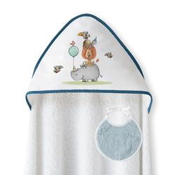 Interbaby - Capa de Baño Bebe Blanco/Petroleo + Babero | Toalla Bebe con Capucha 100% Algodón, 100x100cm, Unisex | Suave, Ideal Recién Nacidos, Bebes y Niños Pequeños | Diseño Rino-leon Estampado