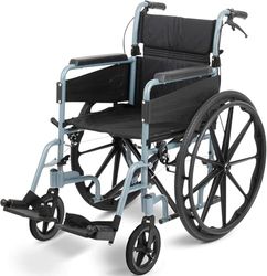 DAYS Escape Lite Rolstoel zelfrijdend, licht aluminium rolstoel met inklapbaar frame, beweeghulp, comfortabele en duurzame draagbare reisstoel, afneembare voetsteunen (zilverblauw)