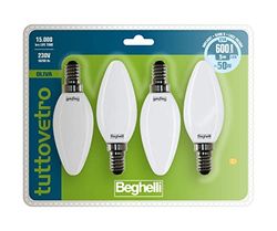 Beghelli - Lampadina LED TUTTOVETRO E14 Luce Fredda, 5W, 600lm, 6500K, Vetro Opale, Efficiente, Facile Installazione, 15000 Ore Durata, Gruppo 4pz, Colore: Luce Fredda