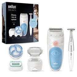 Braun Silk-épil 5, Depilatore Donna, Epilatore Elettrico Donna Per Una Rimozione Dei Peli Delicata, Rasoio Donna Con 5 Accessori, Custodia E Rifinitore Bikini Styler, 5-815 Bianco e Azzurro