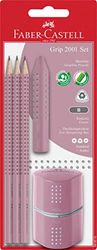 Faber-Castell Grip 2001 580073 Pencil Set Three Pencils Hardness B with Eraser and Sharpener Rose Shadows, pink