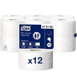 Tork 472102 Rollos de papel higiénico mini Jumbo Advanced de 2 capas compatibles con el sistema higiénico minijumbo T2, 12 rollos (12 x 900 hojas)