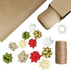 LEVIATAN Set per Confezioni Regalo 10 Fogli 1050x630mm, Carta da Regalo Kraft con Filo di Iuta da 50 m, 12 Pezzi di Fiocchi Autoadesivi, Nastro Adesivo